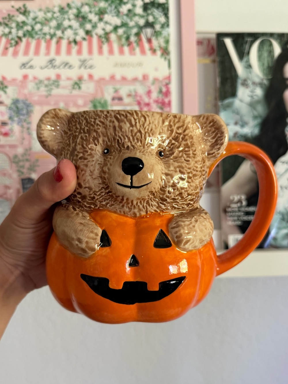 Hand-Painted Bear in Pumpkin Ceramic Mug - Orange